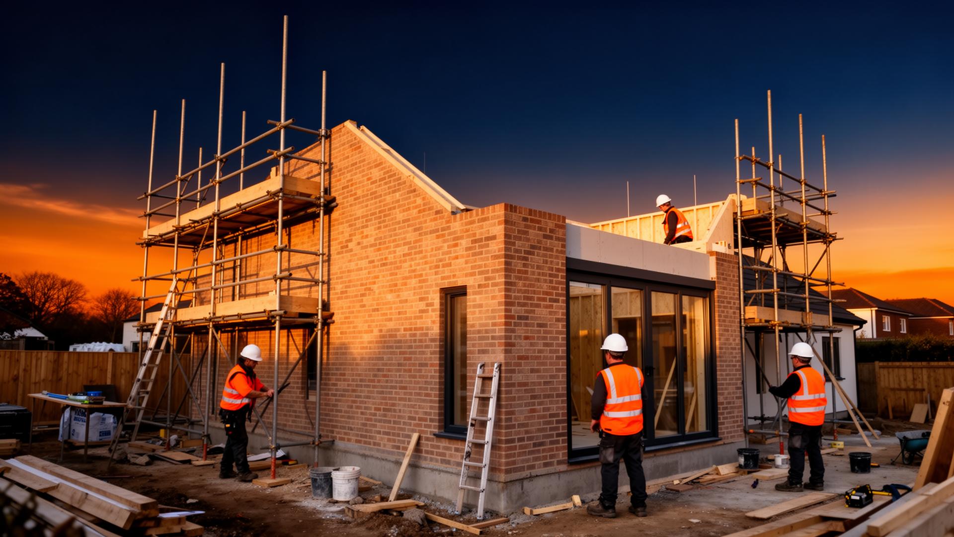 Construction workers building a modern UK home at sunset